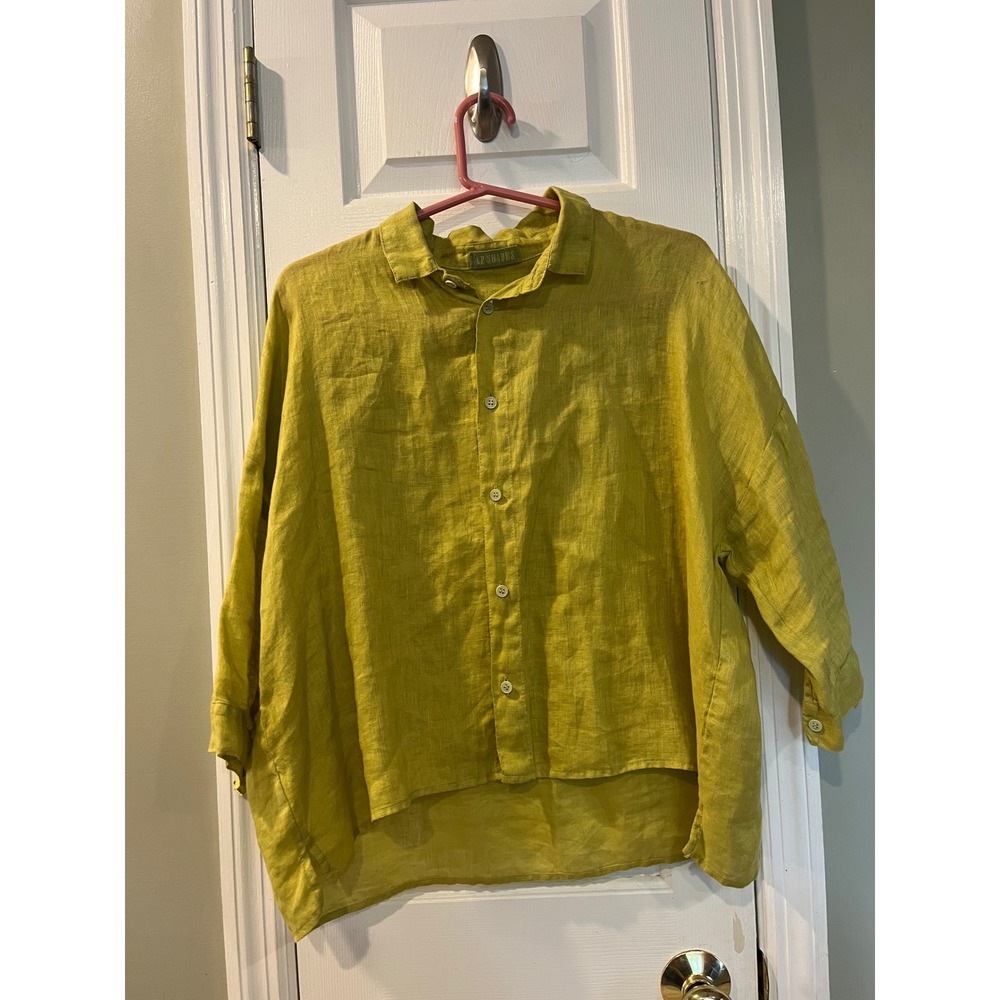 CP Shades Linen Button Down Shirt Citron Yellow Green Oversized High Low S b4